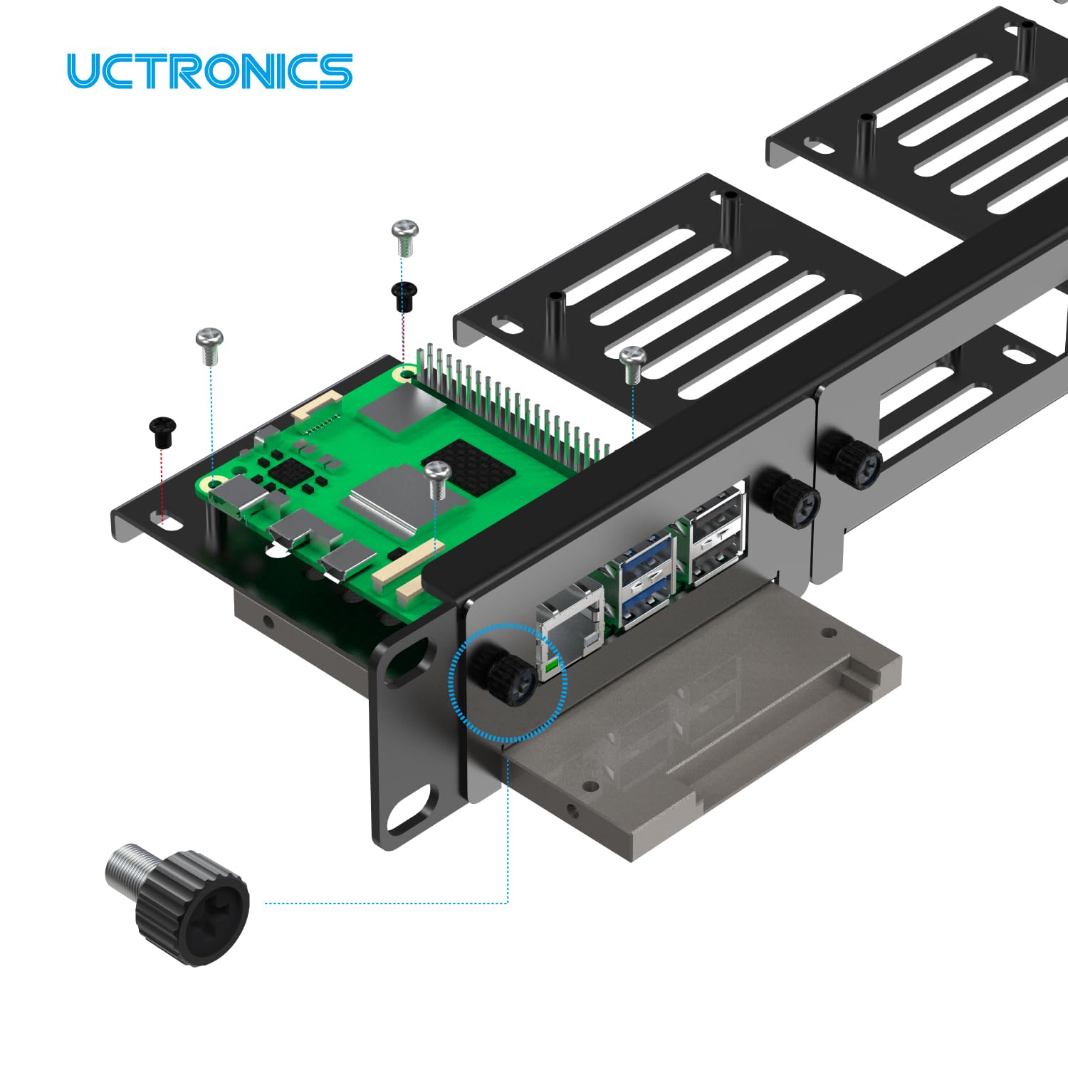 UCTRONICS Supporto rack Raspberry Pi in acciaio al carbonio 19" 1U, può contenere fino a 5 schede Raspberry Pi 5/4B/3B+, staffe frontali rimovibili, compatibile con SSD da 2,5"