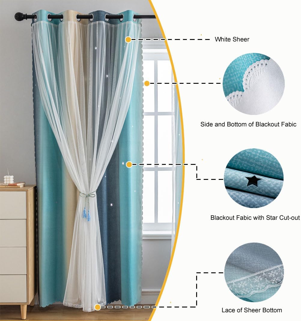 Star Girl and Kids Curtains for Bedroom Rainbow Ombre Double Layer Cute Shot Nursery Darkening Grommet Princess Room Décor 2 Panels Living Room Window Curtain (Blue Yellow52W x 72L
