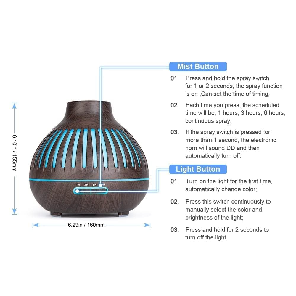 Essential Oil Diffuser, Aromatherapy Diffuser 500ml with Remote Control, 4 Timer & Auto-Off Safety Switch, 7 Color LED Lights Mode, 10 Hours Quiet Humidifier for Bedroom, Office & Home (G.Dark Brown)