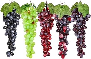 5 Bunches Artificial Grape Fake Frosted Grapes Clusters with Vines Lifelike Simulation Fruit Decorative Fruit Props for Kitchen Party Pub Home Cabinet Ornament (85 Kernels)