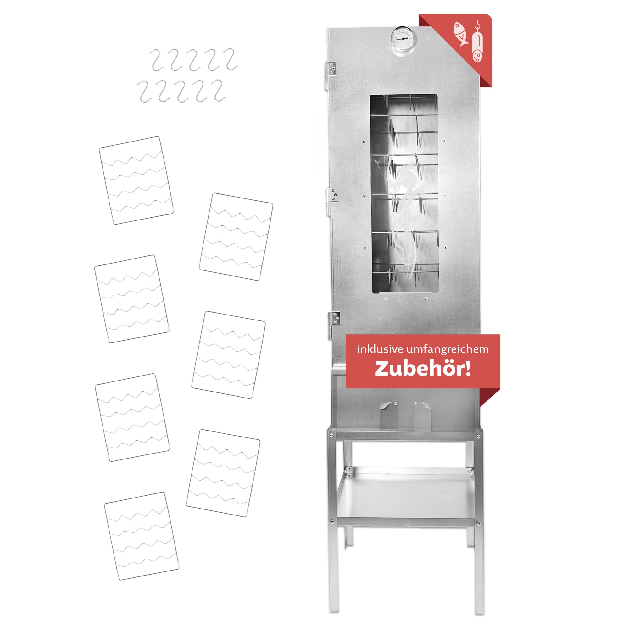 LEMODO Räucherofen 110 cm hoch mit Untergestell, Räucherschrank aus legiertem Stahl, Kalträucherofen mit großer Räucherkammer, Tischräucherofen