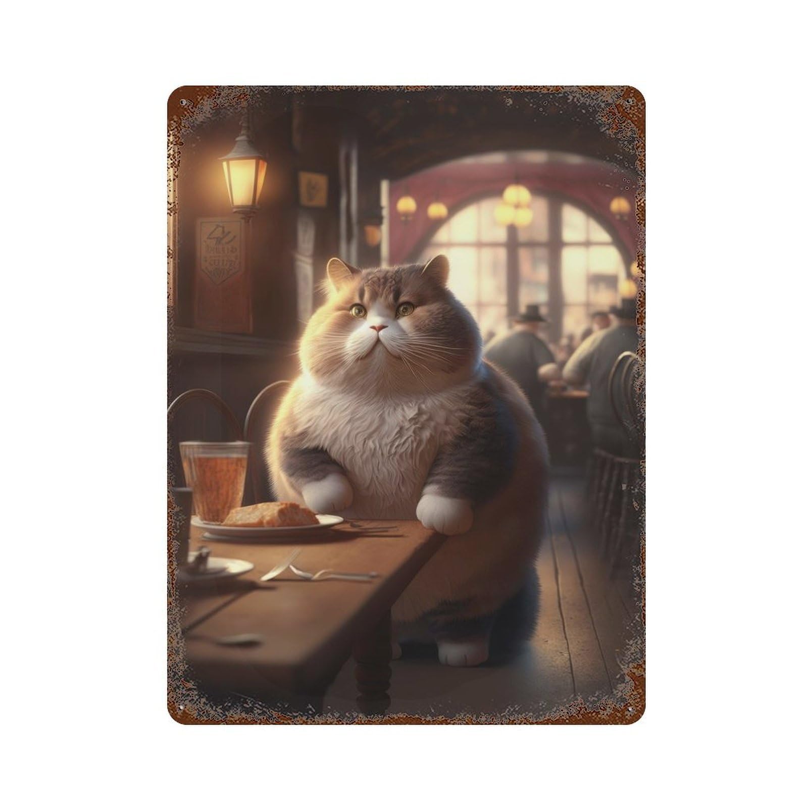 Rust Effect Fat Cat Restaurant Weathered Tin Sign 15.7"x11.8", Novelty Wall Decor for Office, Studio And Wall Decor