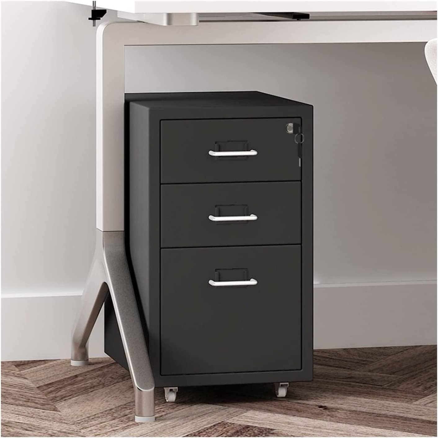 SaryEdge Office Storage File Cabinet, Three Drawers Metal Mobile File Cabinet, with Lock, File Cabinet, Home File Cabinet,