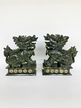 Wealth Porsperity Pair of Fu Foo Dogs Guardian Lion Statues, Traditional Chinese Guardian Lion Statues, Stone Finish 20cm/ 7.9 in