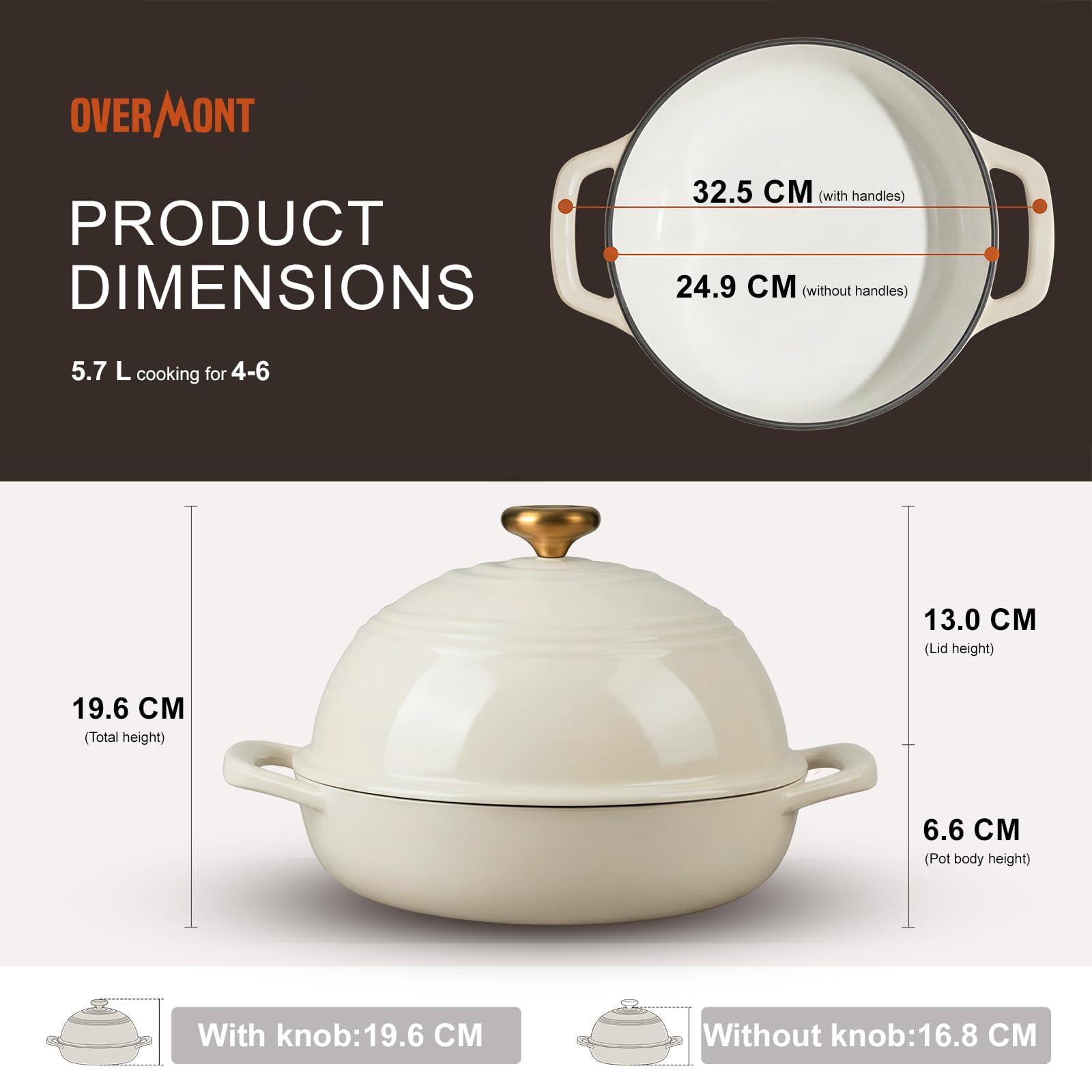 Overmont Olla de hierro fundido esmaltado para Hornear pan - 5.7L Olla holandesa Cacerola con tapa y libro de recetas - Apta para cocina, hornear, estofar y asar - Blanco