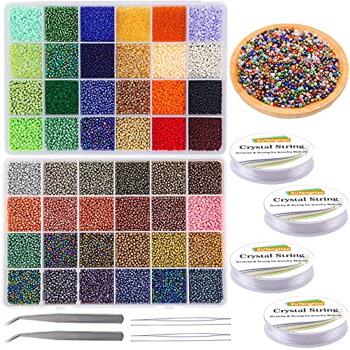 EuTengHao 31200Pcs Seed Beads Craft Beads Kit 2mm Glass Seed Beads Waist Beads with Elastic Strings for Bracelet Necklace Ring Earring Jewelry Making DIY Art(48 Colors)