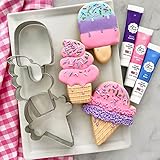 Ice Cream Cookie Cutters and Decorating 6-Pc. Set Made in USA by Ann Clark, Hard Ice Cream Cone, Soft Serve, Popsicle, Purple, Pink, & Sky Blue Food Coloring Gel