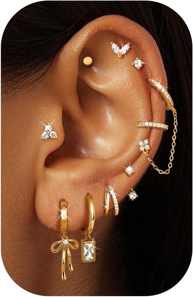 ORAZIO Small Hoop Stud Earrings Stacks for Women 14K Gold Plated Silver Huggie Hoops Cartilage Hypoallergenic Chain Cute Dangle Earrings Set for Multiple Piercings Jewelry