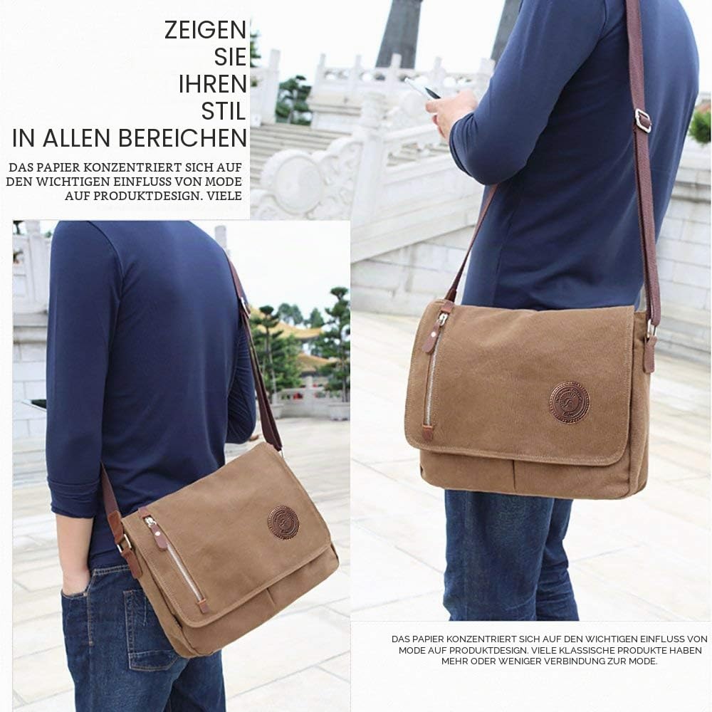 AUGUR Canvas Messenger Bag fur Herren Laptoptasche 13 Zoll Umhangetasche Vintage Herren Umhangetasche Mittlere Arbeitstasche (braun)