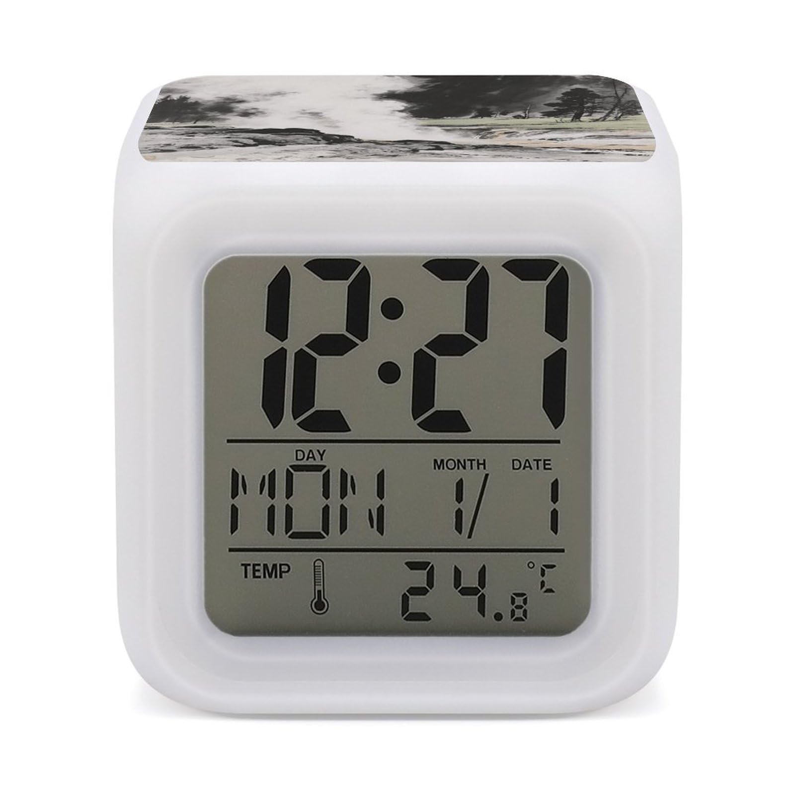 Reloj despertador digital LED para dormitorio con vaporizador efecto géiser y luz