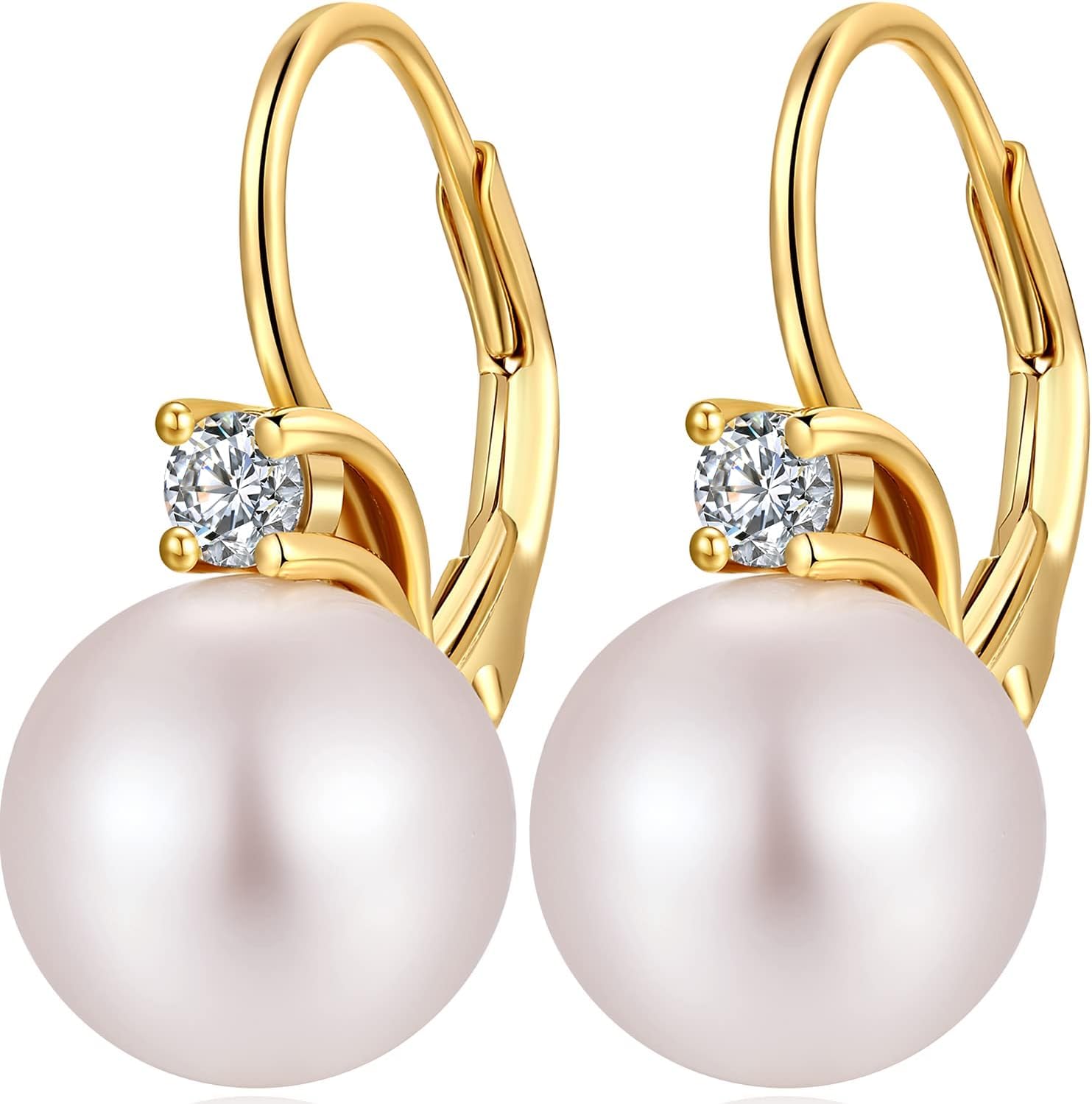 Jiahanzb 18K Blanco Oro Plateado Pendientes Perlas de Austriacas 10mm en Plata De Ley 925 Pendientes Colgantes Hipoalergénicos para Mujer