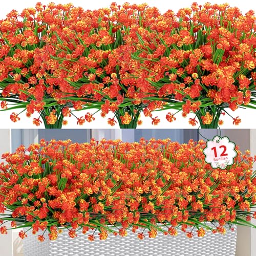 Ouddy Decor 12 Bundles Artificial Flowers for Outdoors Decorations Orange