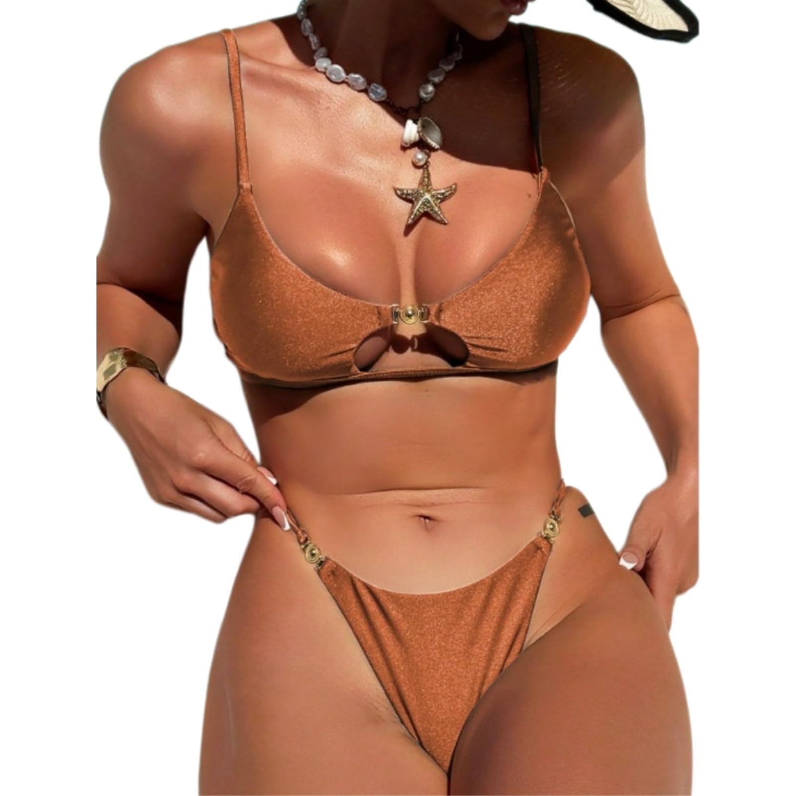 Bikini Mujer Mujeres Brillante Set Alto Corte Anillo Inferior Detalle Dos Piezas De Traje Baño-ztj2812 Green-s