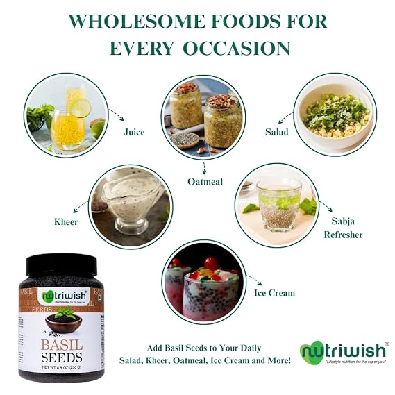 Nutriwish Basil Seeds (Sabja/Tukmaria), 250 g | 100% Natural, Raw & Gluten-Free Superfood | Ideal for Smoothies, Drinks, Desserts, Salads & Daily Nutrition