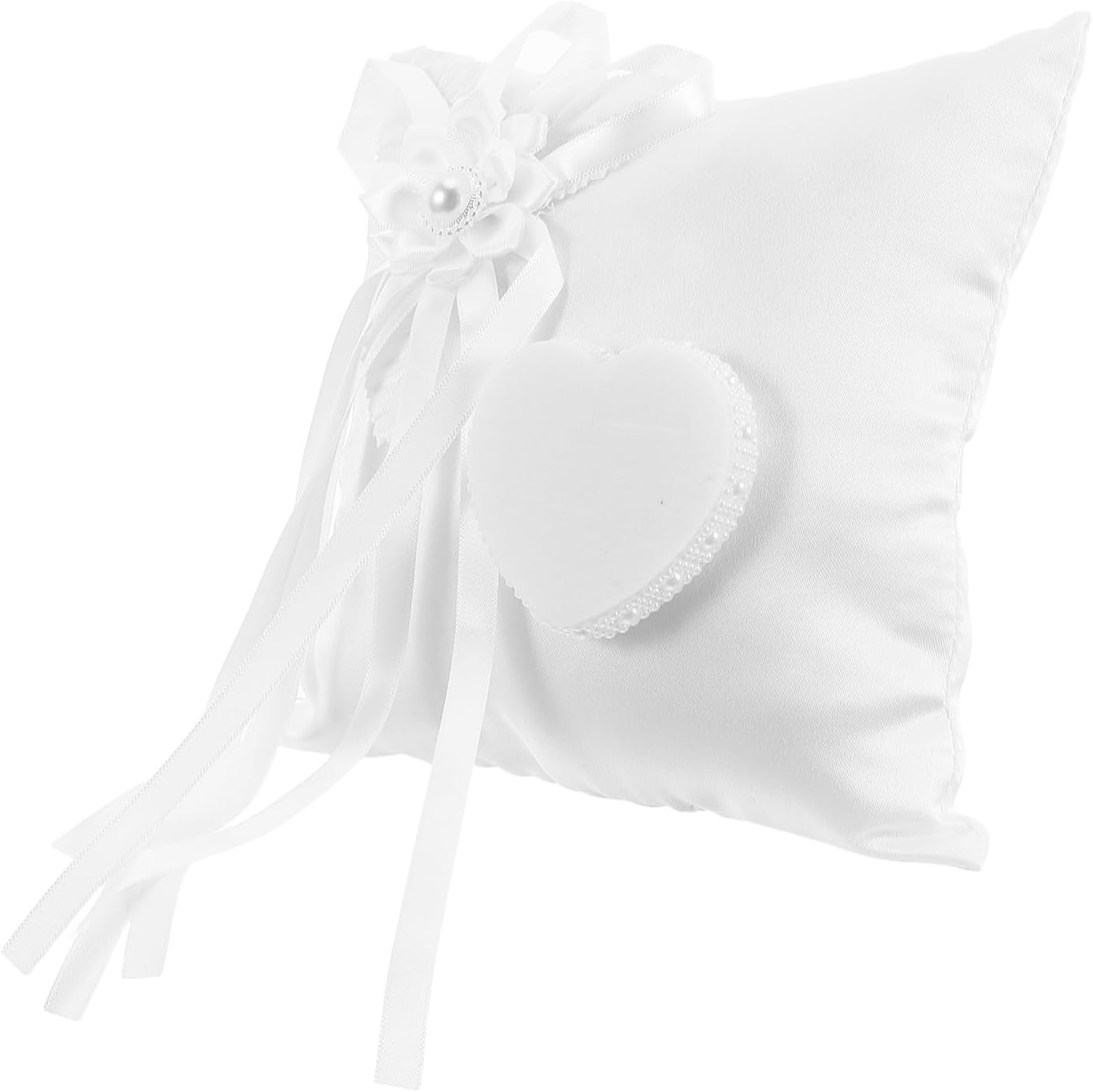 BESTonZON Heart-Shaped Wedding Ring Pillow for Ring Bearer with White Fabric and Sponge Material Decorative Keepsake with Floral Motifs at Wedding Ceremony or Proposal