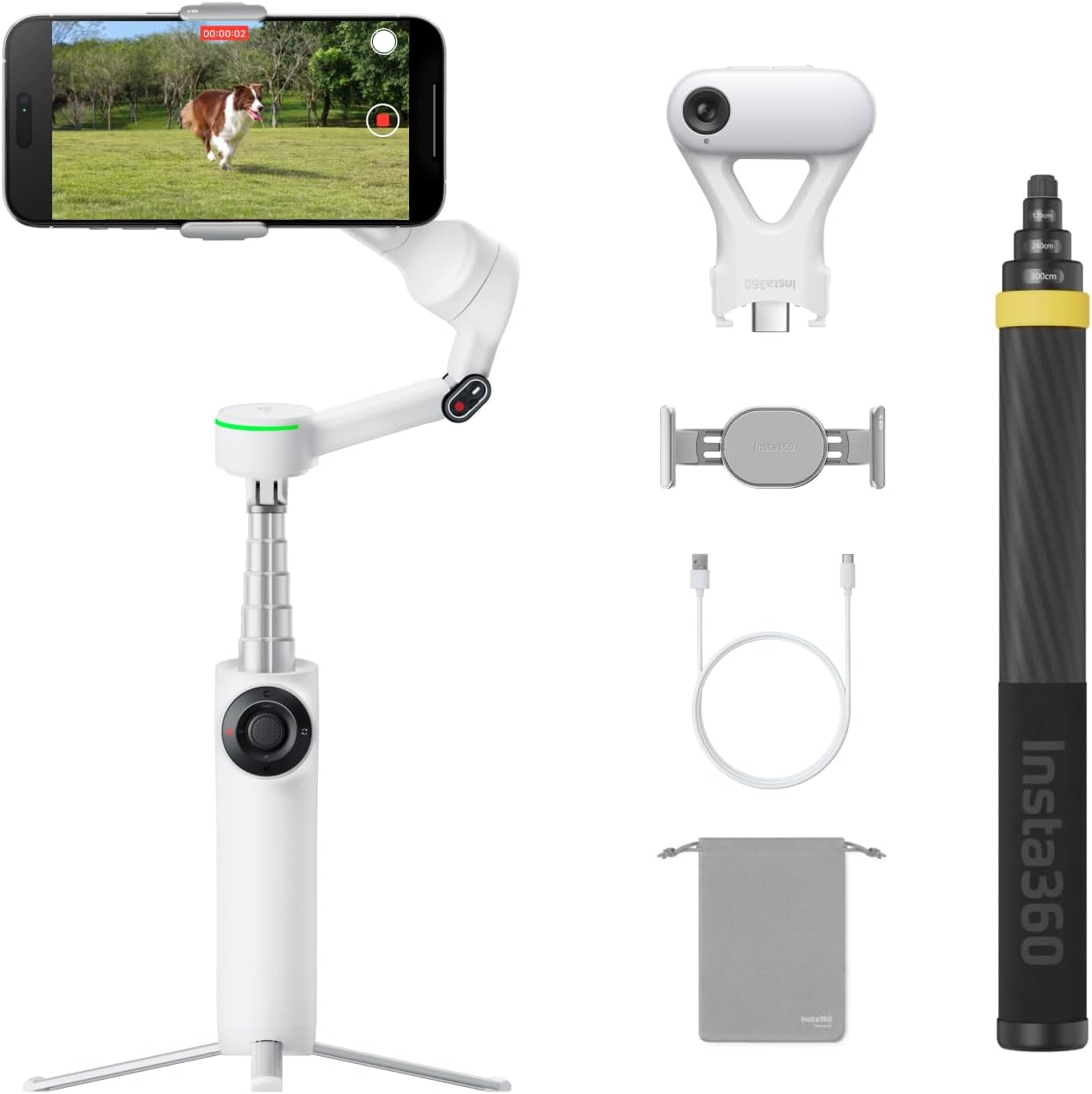 Insta360 Flow 2 Pro AI Tracker Bundle White - Industry-First AI Phone Gimbal with Apple DockKit, Pioneering 360º Pan Tracking, Free Tilt, Built-in Tripod/Selfie Stick, Portable Vlog/Travel Stabilizer
