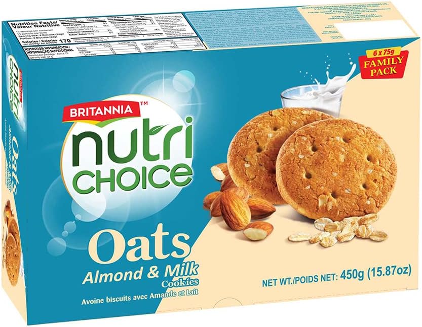 Britannia NutriChoice Oats Almond Milk 15.87oz (450g) - Crispy, Crunchy Tea Moments - Breakfast & Tea Time Snacks (Pack of 1)