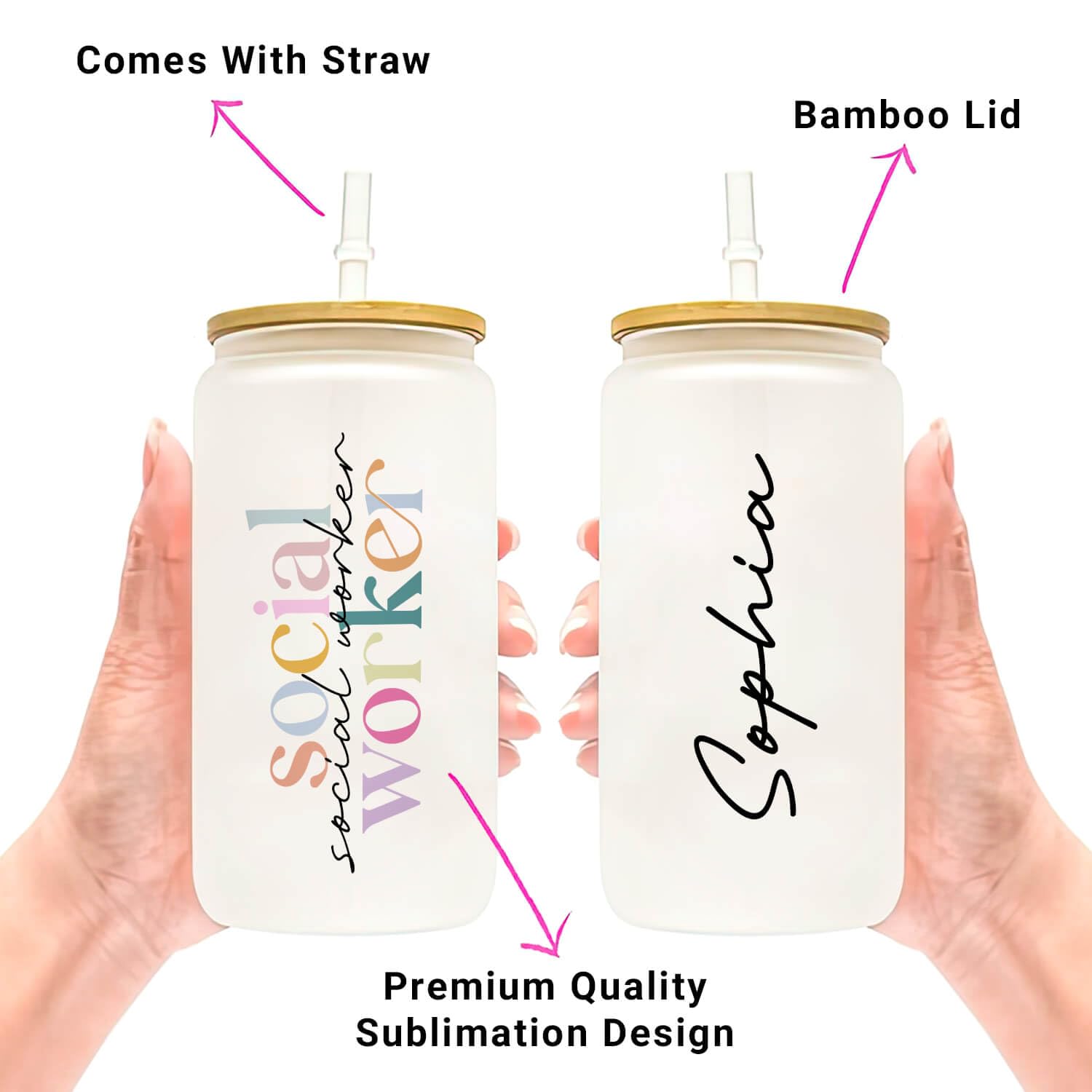 OulaArt Personalized Social Worker Can Glass 16oz With Lid and Straw, Gift For Social Worker, Custom Name Cup Gift for Social Work Professional, Floral Social Worker Appreciation Cup