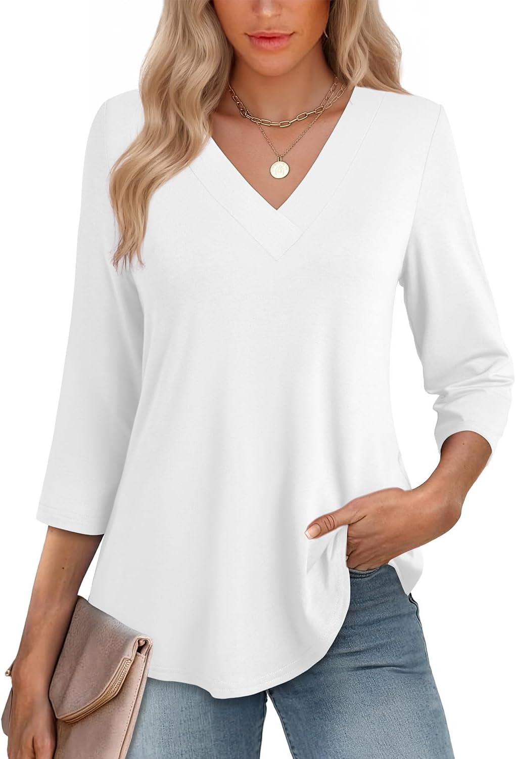 JUSTFASHIONNOW Womens 3/4 Length Sleeve Tops V Neck Split Tunic Tops Flowy T Shirts Summer 2026 Dressy Casual Blouses