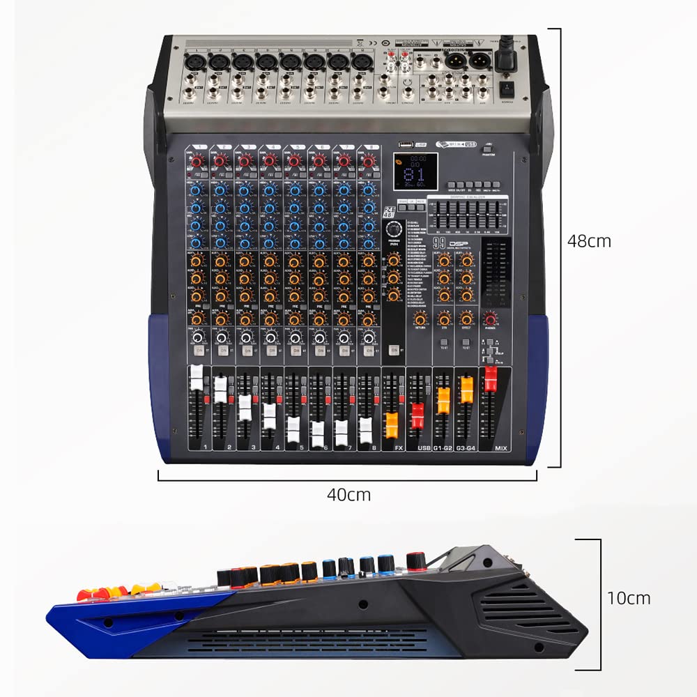 Mixer professionale a 8 canali per la registrazione di musica da palcoscenico DJ, karaoke, unità USB, ingresso registrazione computer, controller DJ con jack microfono XLR, alimentazione phantom 48 V