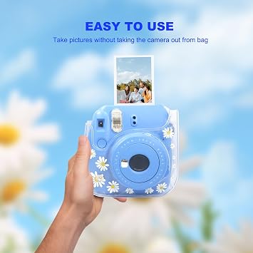 Clear Camera Case for Fujifilm Instax Mini 12/11/9/8 Instant Camera with Adjustable Shoulder Straps (Transparent Daisy)