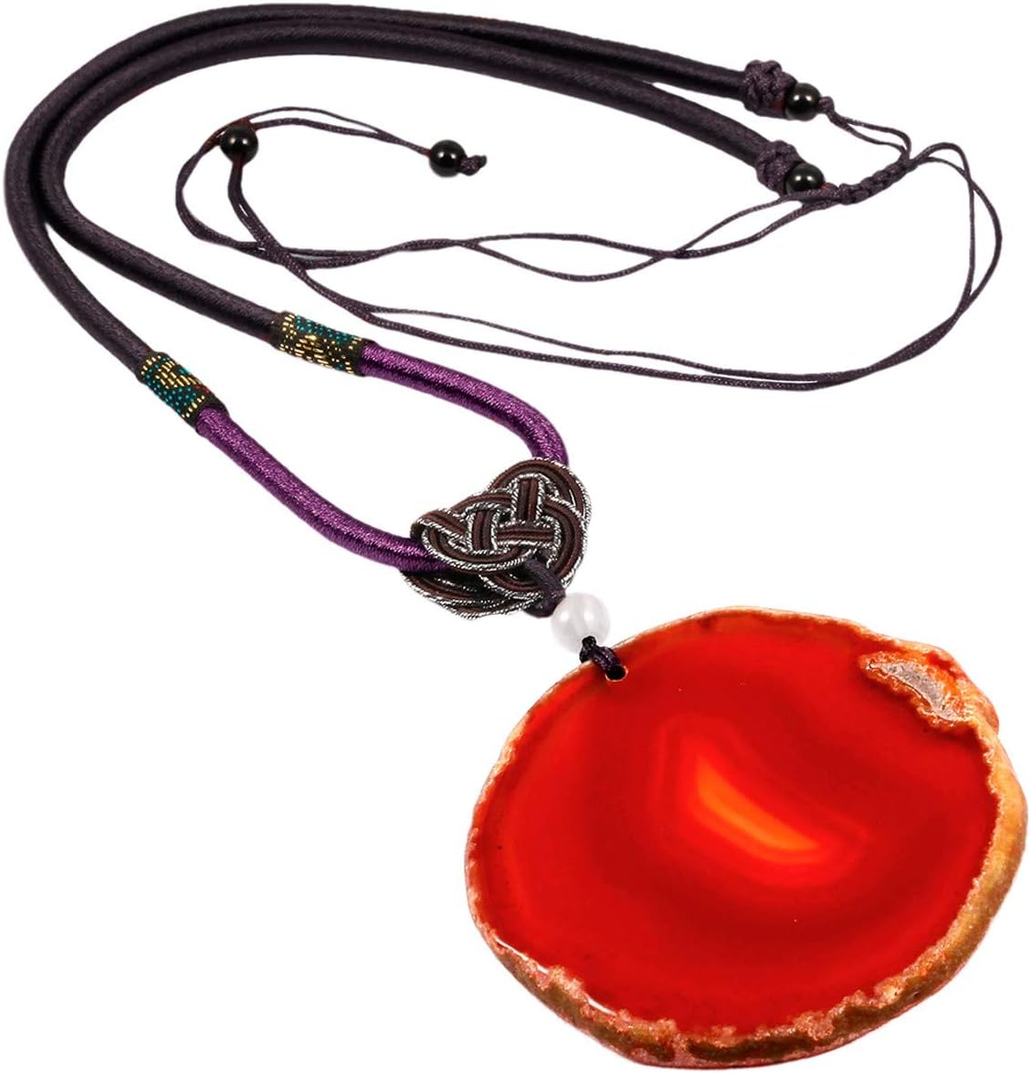 Agate Geode Crystal Pendant,Healing Semi Precious Gemstone Necklace with Adjustable Rope for Women Men