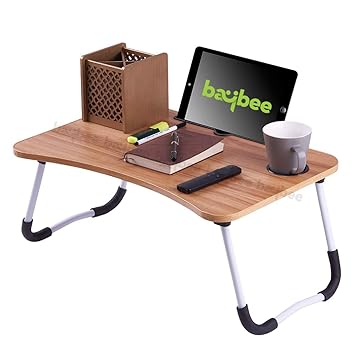BAYBEE Smart Multipurpose Portable Wooden Laptop Table with Tablet Dock & Cup Holder, Study Table for Adults & Kids, Foldable Gaming Table, Bed Table, Ergonomic & Rounded Edges Non-Slip Legs (Brown)