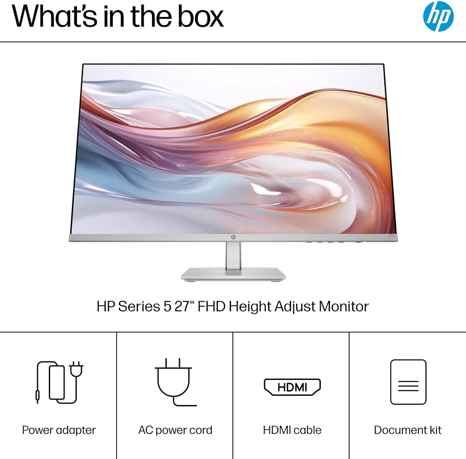 Contents of the HP Series 5 527sh monitor box, including the monitor, power adapter, AC power cord, HDMI cable, and document kit.