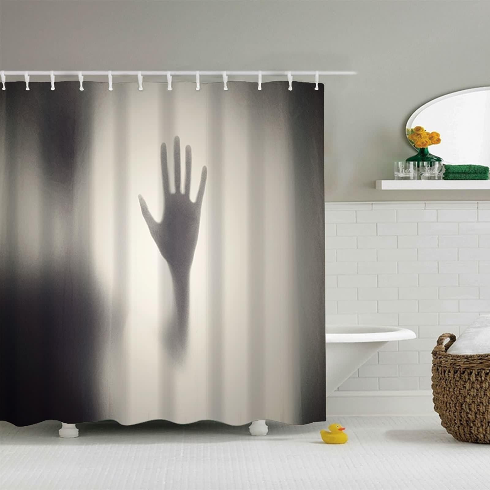 Kit rideau de douche gris 220x180cm et tapis moelleux assorti pour salle de bain