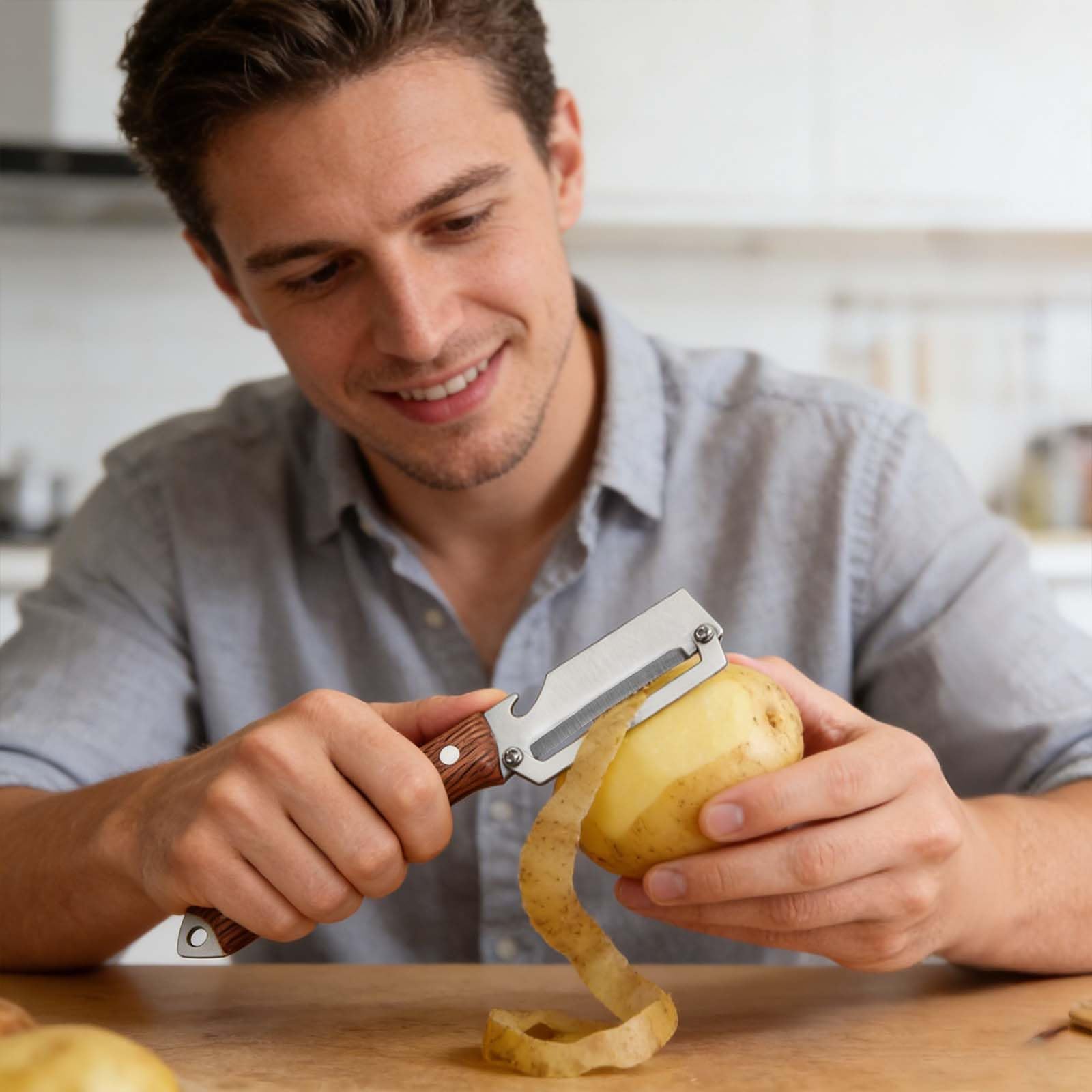Éplucheur végétale multifonction lame et ouvre bouteille en acier inoxydable ultra tranchant poignée ergonomique antidérapante bois Légumes Manche Bois Massif Décapsuleur Intégré Lame Tranchante - 4