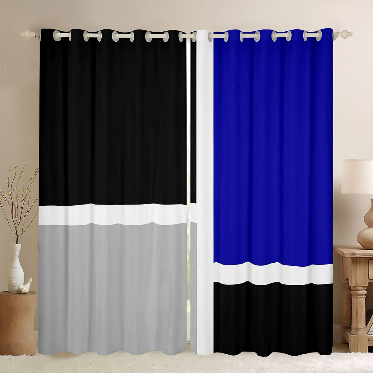 Homewish Geometryczne abstrakcyjne zasłony okienne, 117 x 137 cm, 2 zestawy paneli - proste paski, patchworkowe zasłony zaciemniające, niebieskie, czarno-szare, zasłony okienne, nowoczesne, estetyczne
