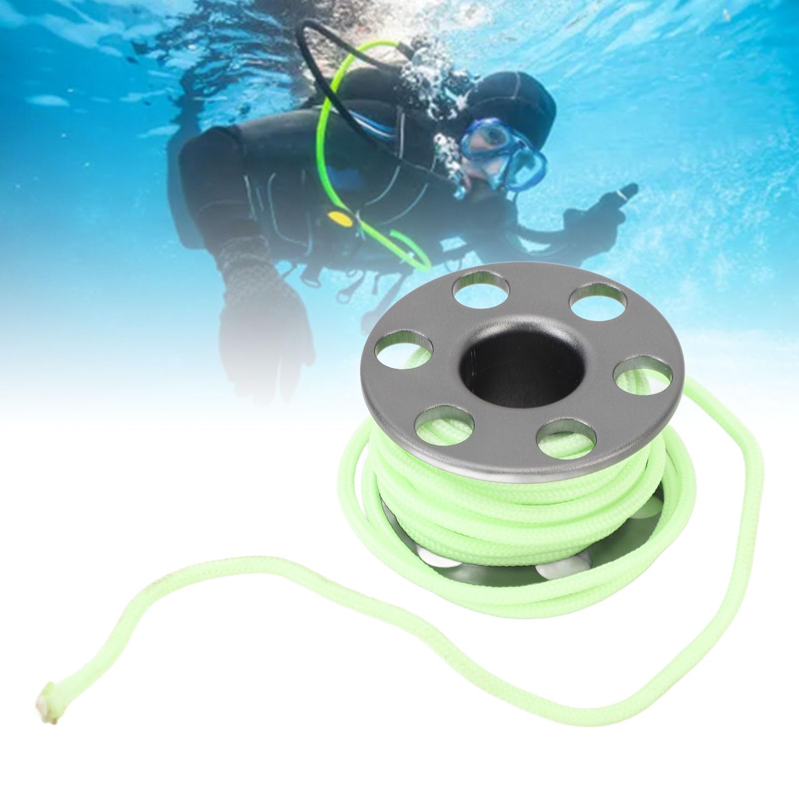 ZIZEV Mini Spool Pendant, Aluminum Alloy Mini Diving Rope Reels Luminous Green Cord Portable for Souvenirs (Gray)