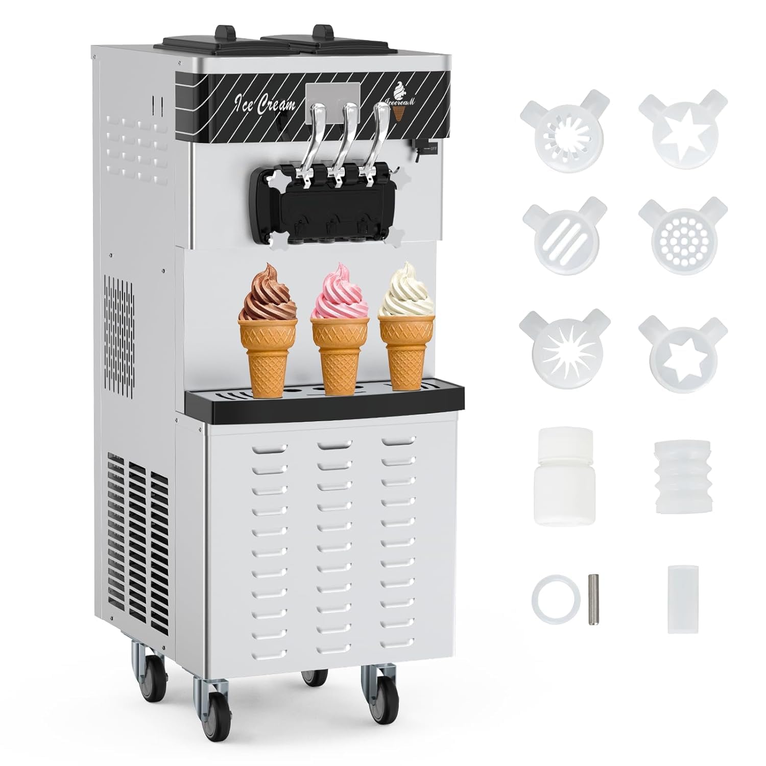 Commercial 2450W Ice Cream Machine, 22-30 QT/H Yield, 3 Flavors Soft Serve Ice Cream Maker with 2×7L Hoppers, Soft Ice Cream Machine with LED Panel, Auto Clean Pre-Cooling for Restaurant Snack Bar