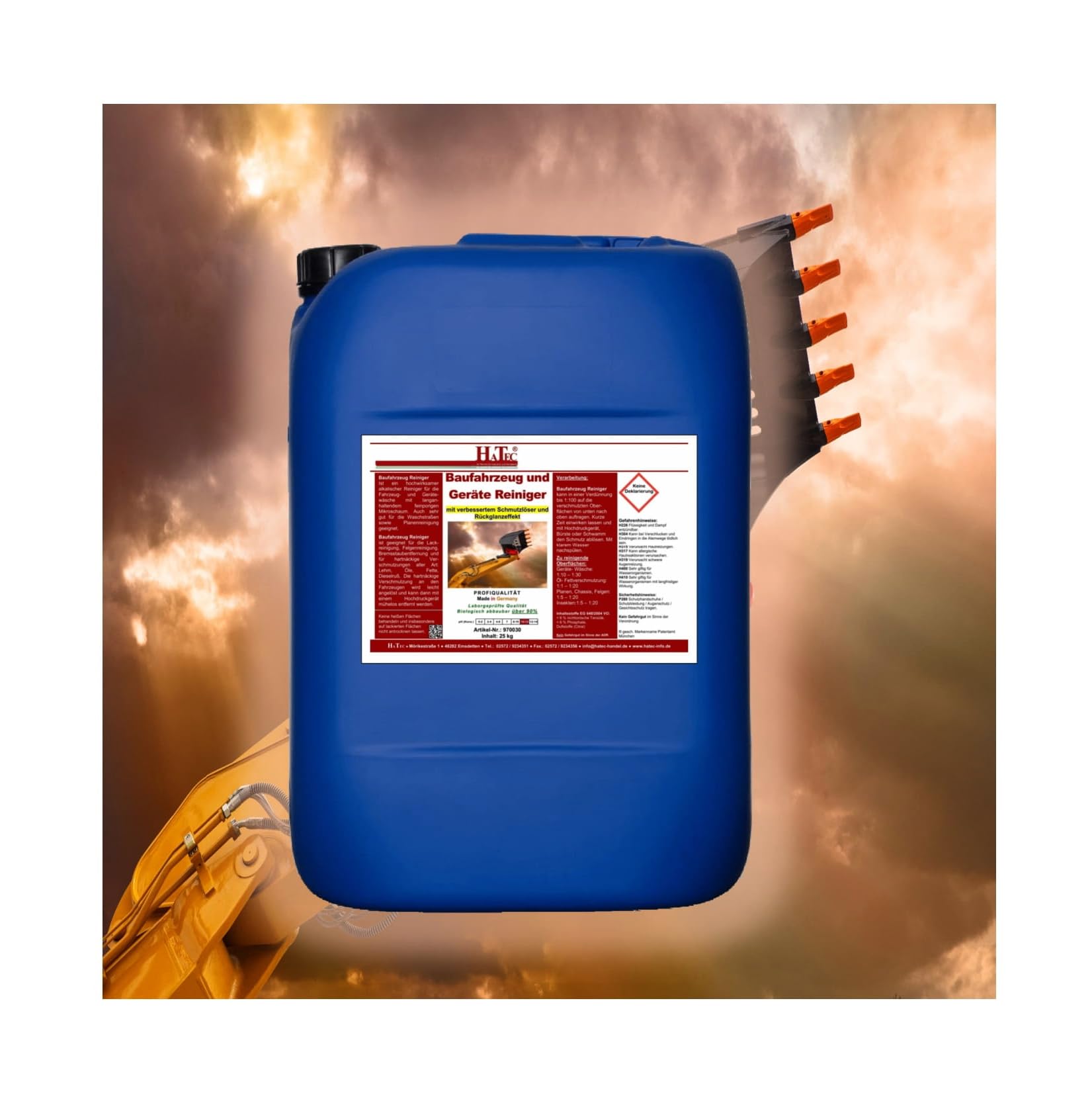 Baufahrzeug- und Geräte Reiniger 25kg, Baggerreiniger, Radladerreiniger, Staplerreiniger, Fahrzeugreiniger, Gerätereiniger, über 90% biologisch abbaubar, sehr Ölabscheiderfreundlich.