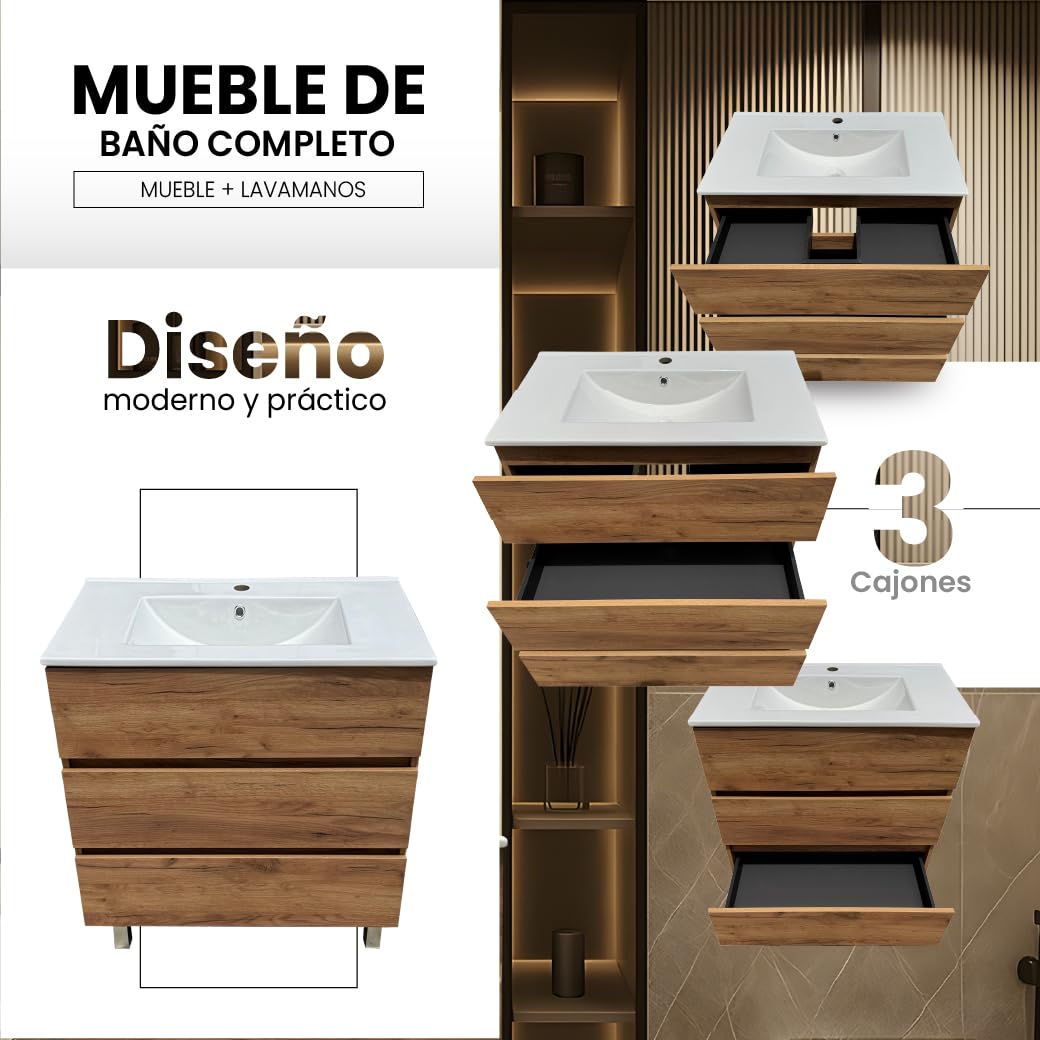 Juego Mueble Baño con Lavabo. Mueble Lavabo 80 cm. Mueble Bajo Lavabo Compacto Preinstalado de Fábrica. Mueble Baño con Lavabo 80 cm con Pie de Porcelana. No Incluye Espejo.