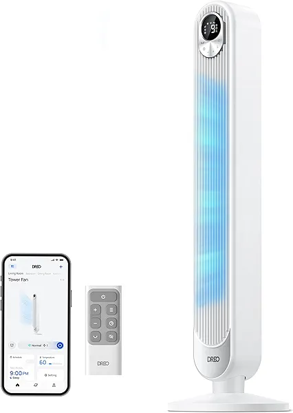Dreo Smart Tower Fan for Bedroom, Floor Standing Bladeless Oscillating Fan with Remote, 9 Speeds, 4 Modes, 12H Timer, for Indoor Bedroom Home Office, WiFi Voice Control, Cruiser TF518S White