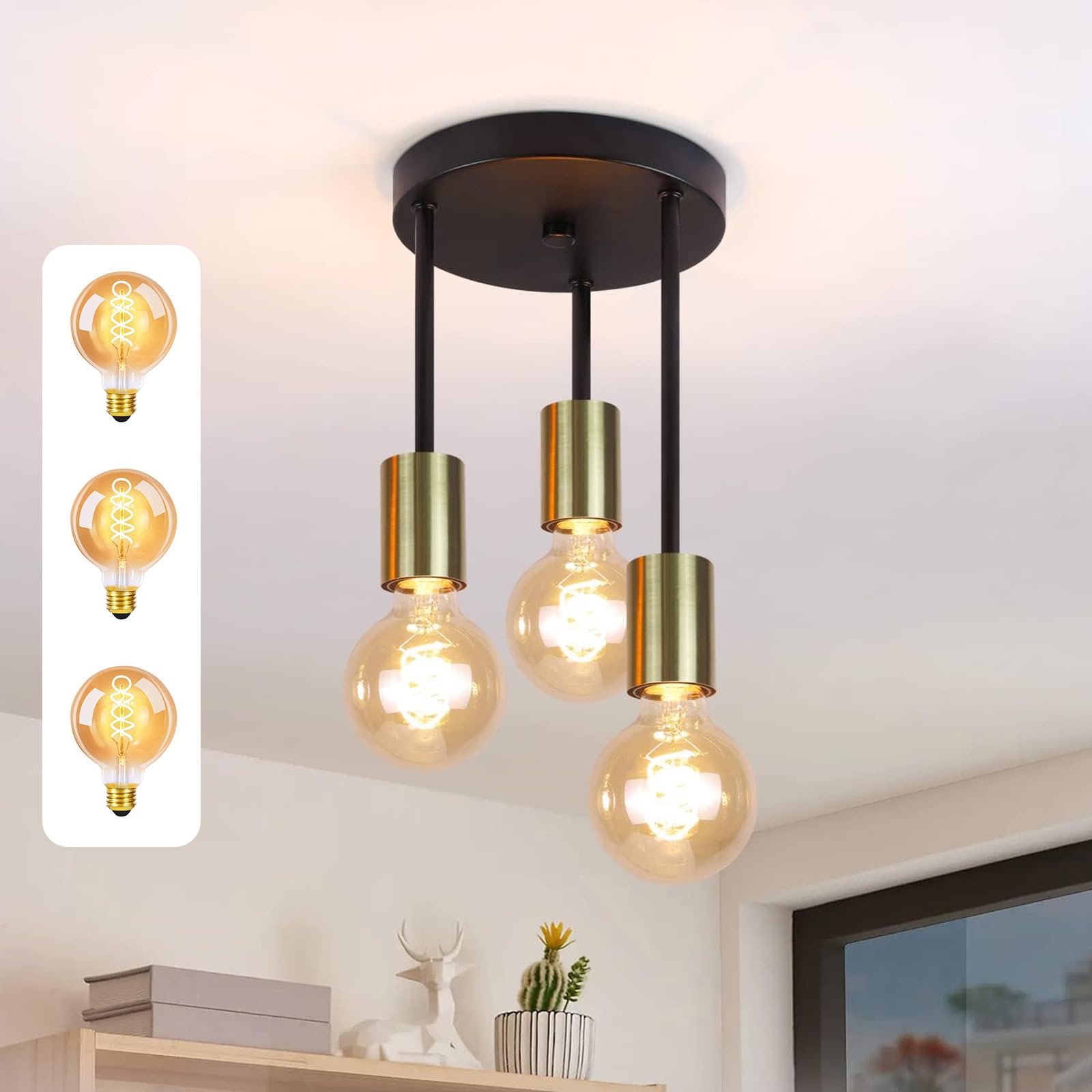 CBJKTX Deckenleuchte Hängend 3 Flammig - Vintage Deckenlampe E27 Schwarz-Gold Industrial Deckenspots mit 3 Lichtquellen für Esszimmer Küche Flur Bar