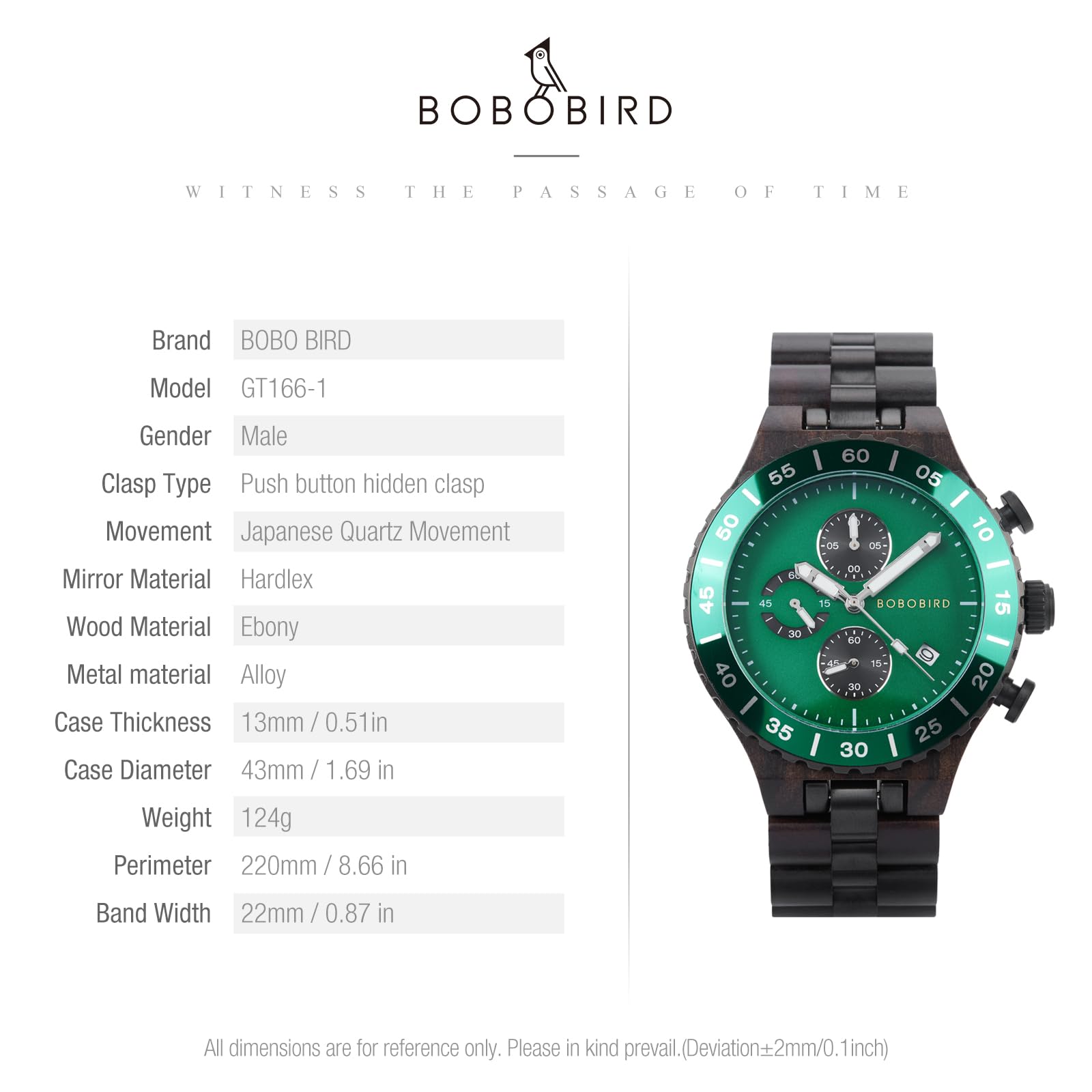 BOBO BIRD Orologio da uomo in legno, cronografo, al quarzo, con datario, quadrante grande 43 mm, lancette luminose, orologio da polso in legno naturale e acciaio inossidabile, regalo per lui