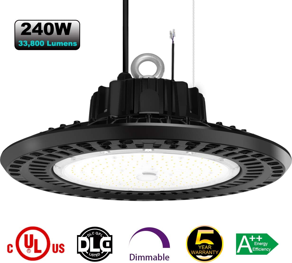 240W LED High Bay Light - 33000Lm Dimmable Waterproof 5000K Daylight UL DLC Listed for Updating 400W-1000W HID Hi-Bay Light Fixture in Warehouse Shop and Other Commercial Applications
