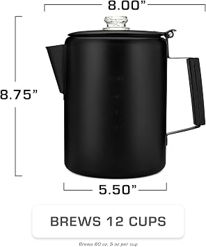 COLETTI Bozeman Black Percolator Coffee Pot Camping Coffee Pot Americas Sleekest Percolator NO Aluminum or Plastic [12 cup]