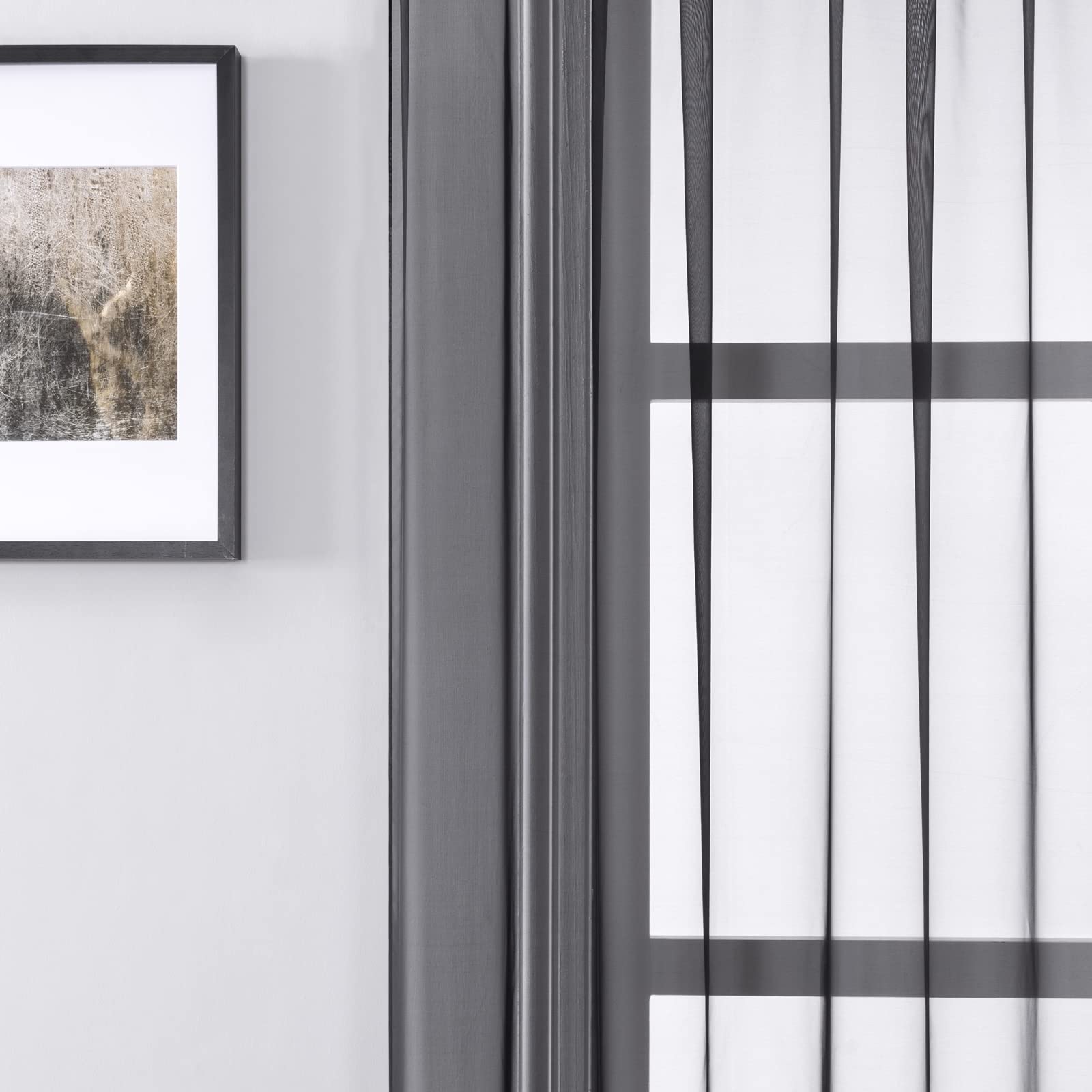 Rideau Transparent Salon 102x183, Rideaux Voilage Moderne pour Chambre Polyester Aspect Fil Noir, Passe Tringle, Lot de 2