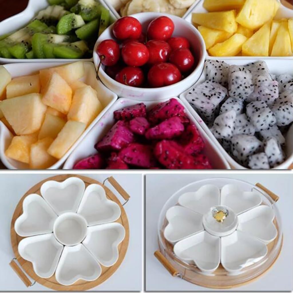 Taca Do Serwowania Z Pokrywką, Obrotowa Porcelanowa Przekąska 360 ° Dzielone Naczynia Do Serwowania, Miski Z Przekąskami Na Frytki, Dipy, Warzywa, White, 35.5 * 30cm