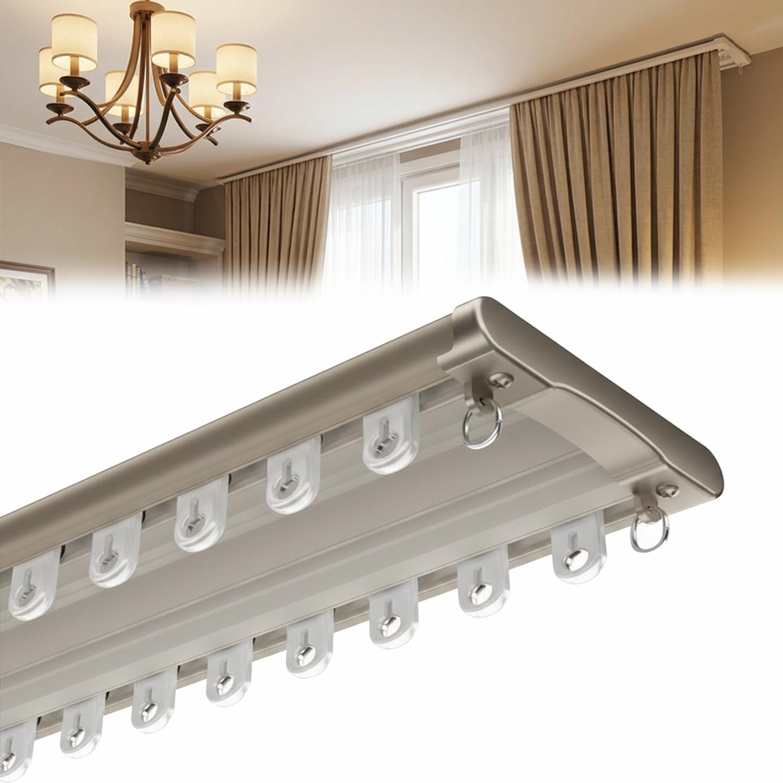Système de rail double ain à 2 couches pour plafond coulissant lisse 100680 cm en aluminium réglable (Champagne 380 cm / 12.5ft) pour décoration d'intérieur