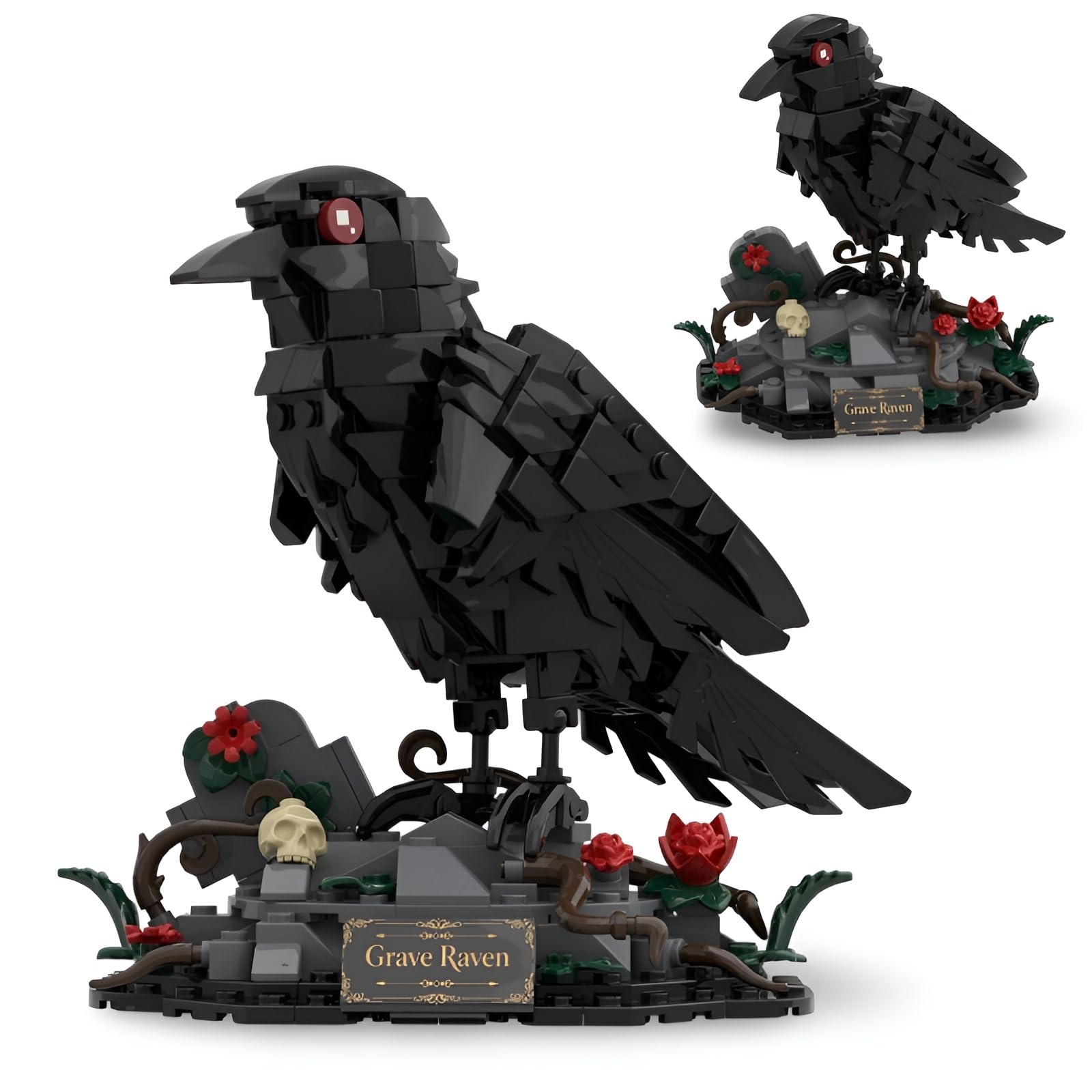 PlaySynthe Crow Rose Building Block Kit, 334 PCS Raven Flower Bricks Model