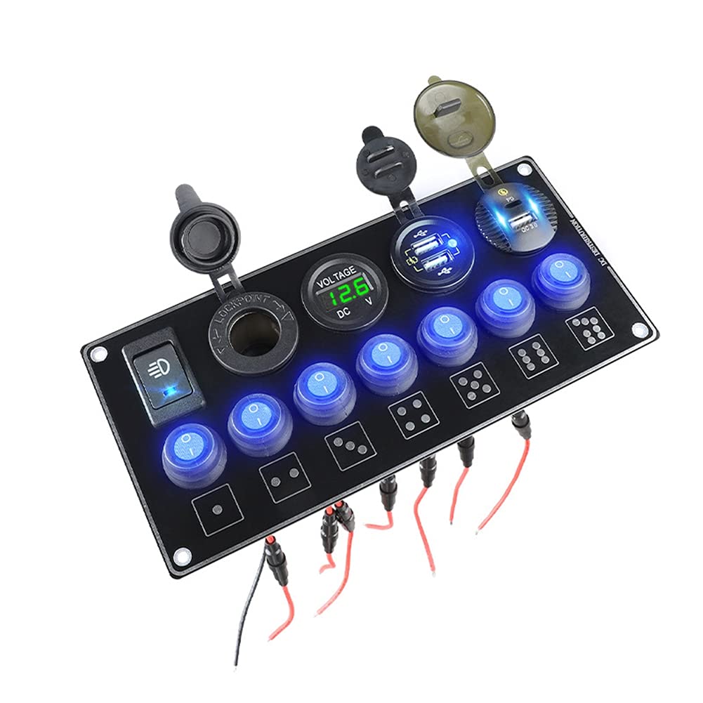 URFEDA Panneau Interrupteurs à Bascule 5 interrupteurs Deux USB QC Chargeur Voiture QC3.0 12 V-24 V 60W Étanche Allume Cigare Charge Rapide, AVCE Voltmètre à LED, pour Moto, Caravane, Camion, Bateau