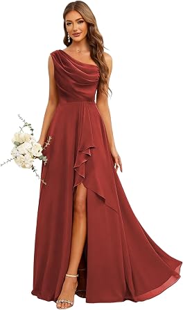 CuteMe Womens Elegant Bridesmaid Dresses with Slit One Shoulder Chiffon Long Formal Dress CC035