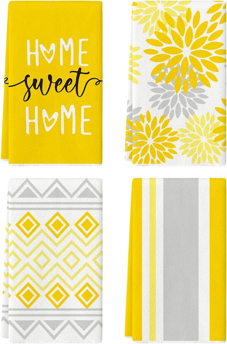 Artoid Mode Yellow Stripes Home Sweet Home Boho Summer Kitchen Towels Dish Towels, 18x26 Inch Seasonal Decoration Hand Towels Set of 4