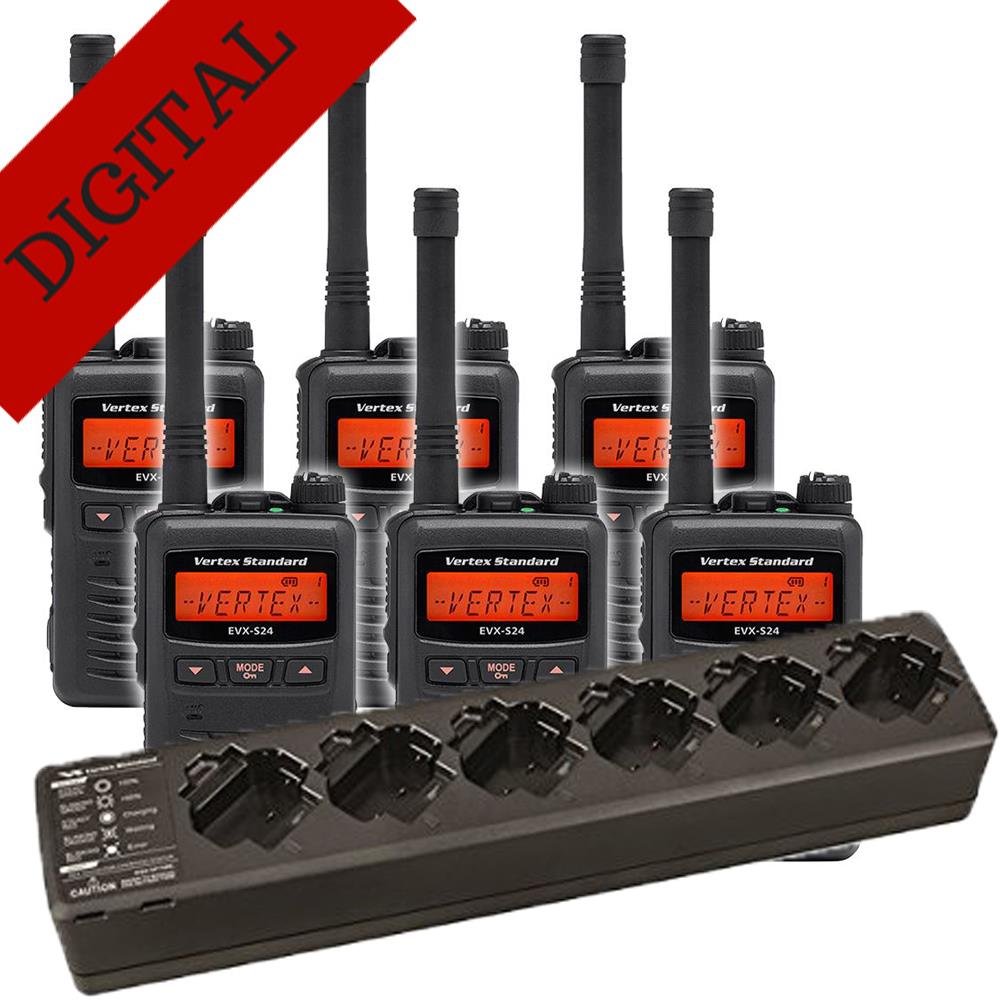 6 Pack of Vertex EVX-S24 UHF Digital Water Submersible/Dustproof Two Way Radios PREPROGRAMMED with 6 Unit Charger (VAC-6066)