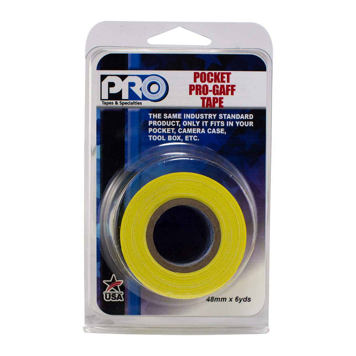 Pro Tapes Pocket Gaff Tape Ruban adhésif 48 mm x 6 m Jaune mat Format de poche Fabriqué aux États-Unis Tient fermement et facile à enlever