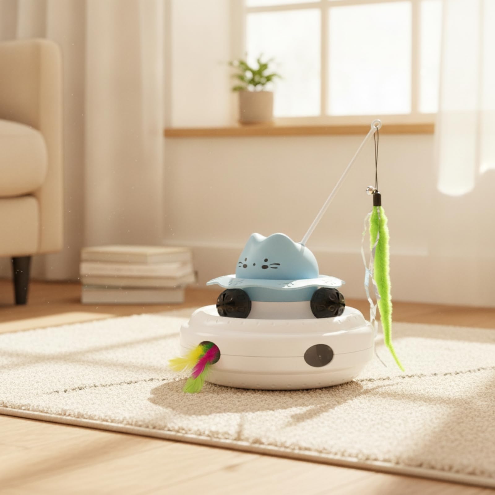 Dispositivo Interactivo para Gatos Juguete Eléctrico Plumas Que Incentivan Varilla Giratoria Continua Recargable de Larga Autonomía Base Estable, Azul